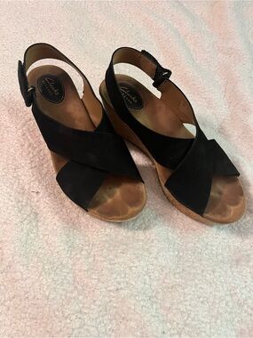 Clarks Black Suede Crisscross Slingback Wedge Sandals